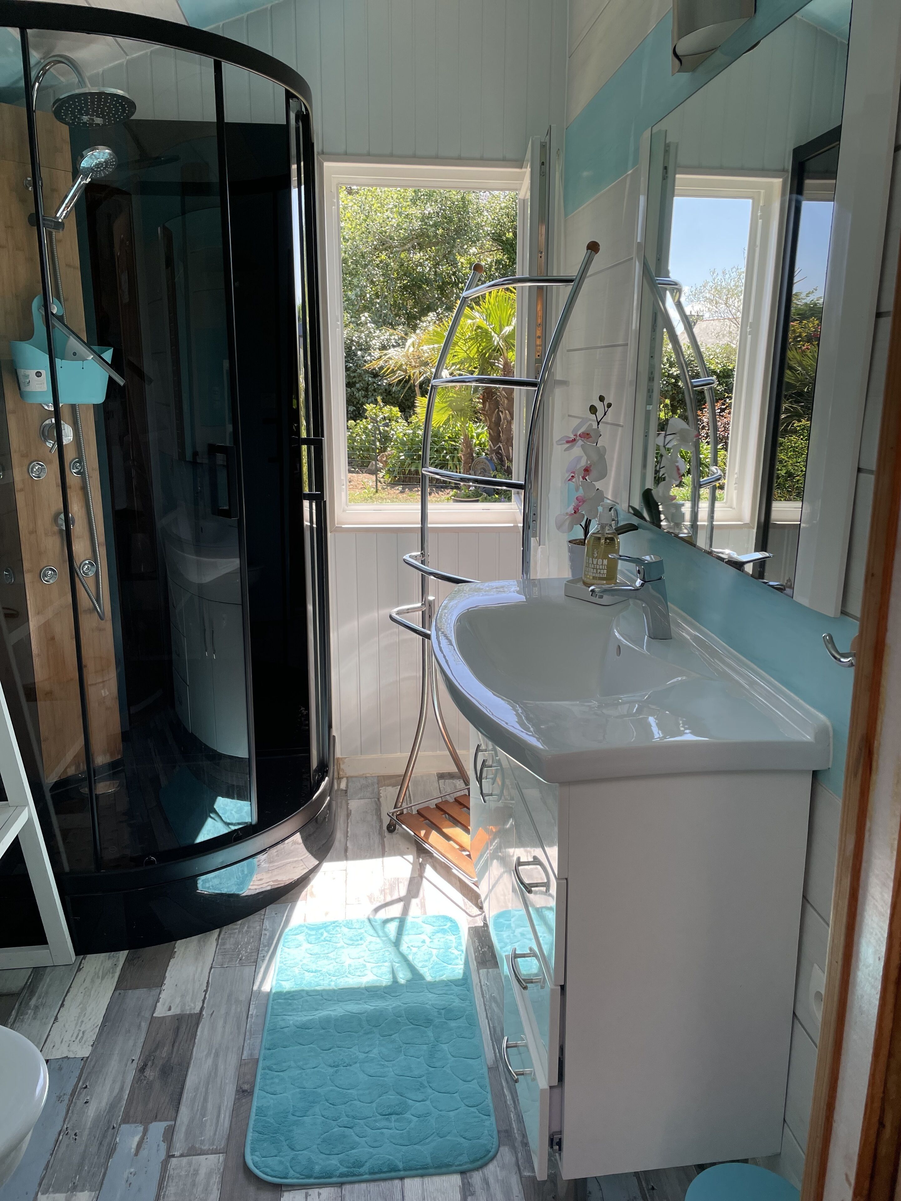 Shower, hair dryer, toilet paper