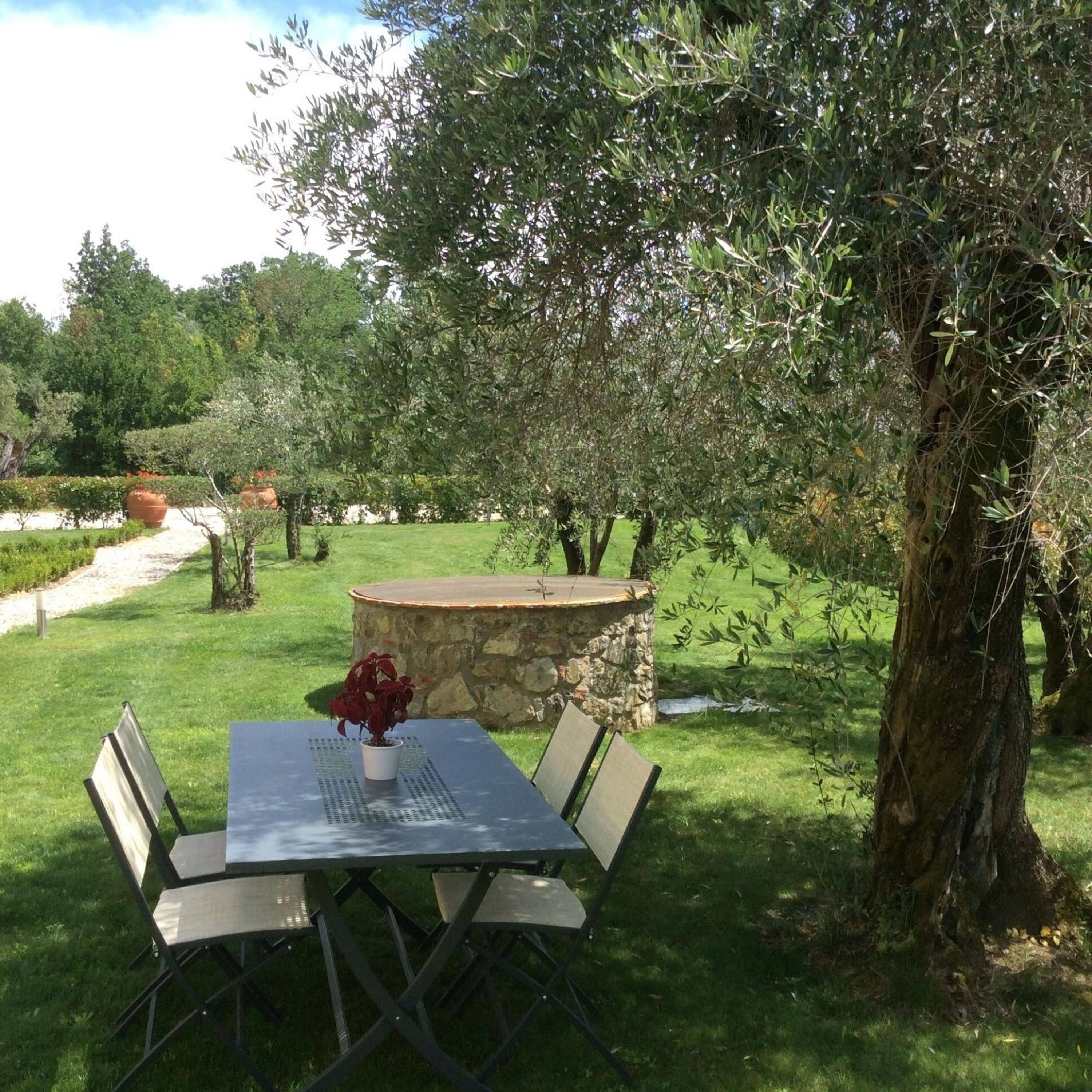 Een terras met een stenen tafel en stoelen, omgeven door groen en bomen.