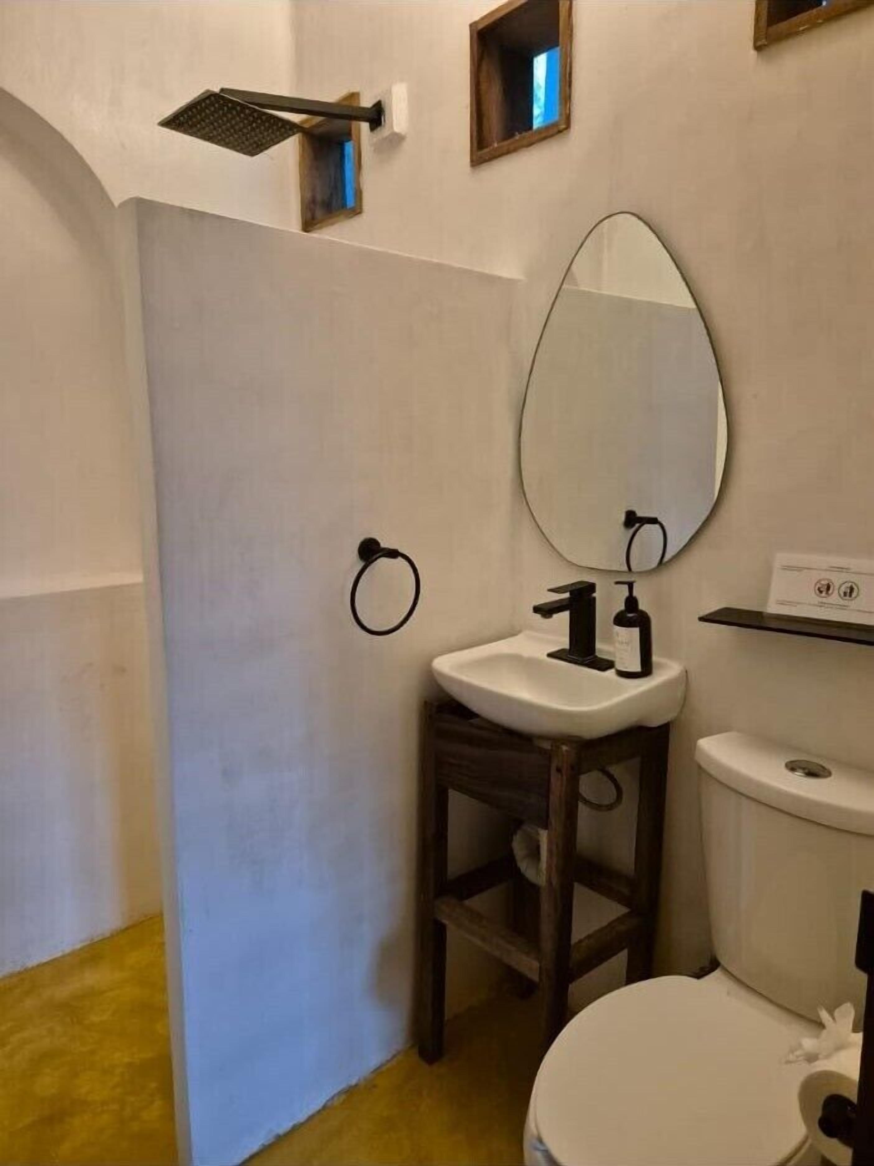 Ein Badezimmer mit weißem Waschbecken, einem Spiegel, einer Toilette und einer Duschbrause.