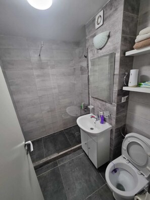 Ducha, secador de pelo, toallas y jabón