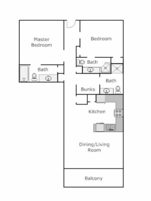 A floor plan of a hotel with a master bedroom, two standard bedrooms, two bathrooms, a kitchen, a dining/living room, and a balcony.
