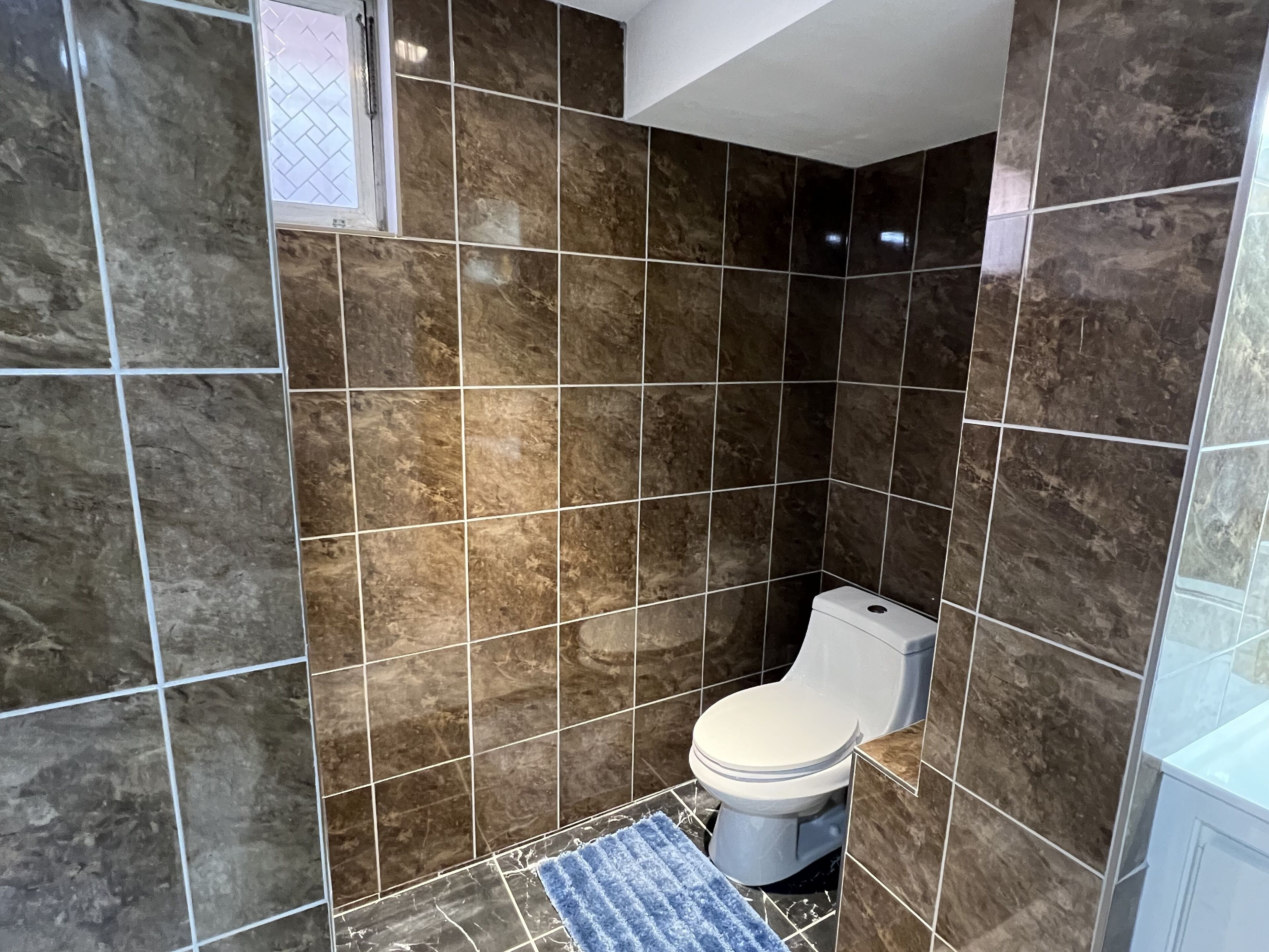 Een badkamer met donkerbruine tegels, een wit toilet en een blauw vloerkleed.