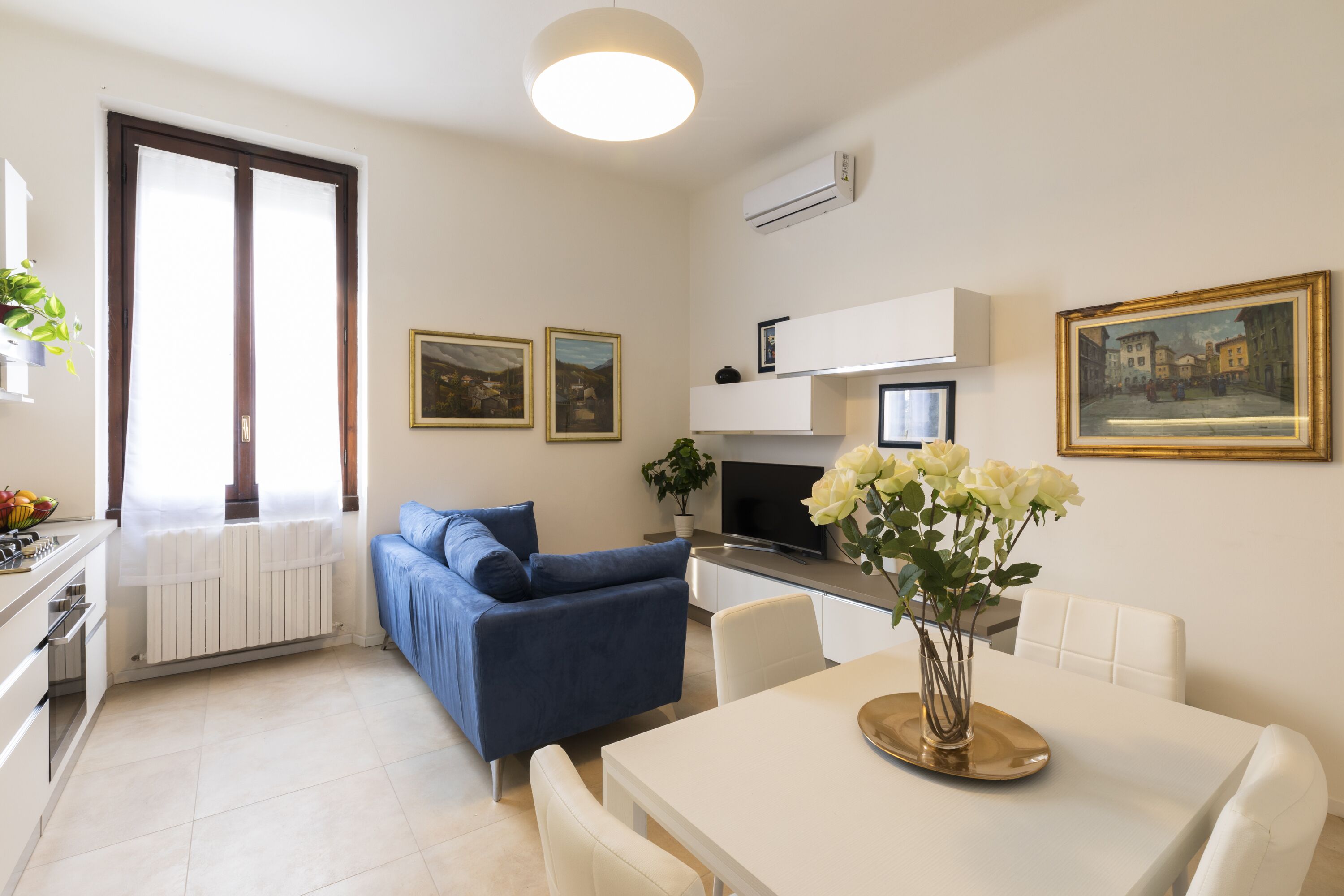 A modern living room with a sofa, dining table, and a TV. There is a window with curtains, a radiator, and a plant on the windowsill.