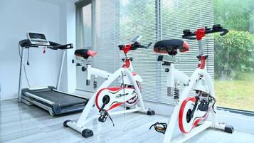 A home gym with stationary bikes, a treadmill, and a rowing machine.