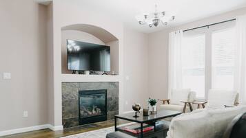 Smart TV, fireplace, foosball, table tennis