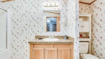 Hair dryer, towels, soap, toilet paper