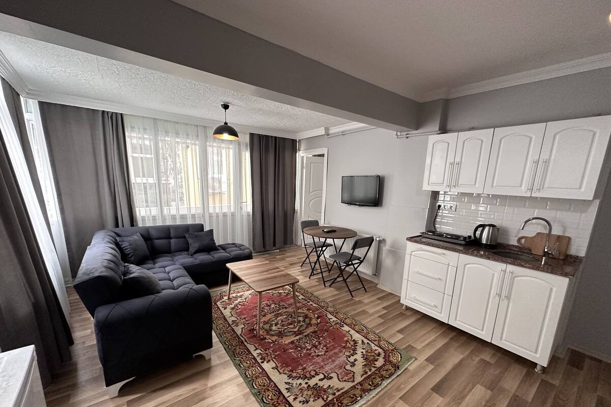 A modern apartment with a living room, dining area, and kitchen.