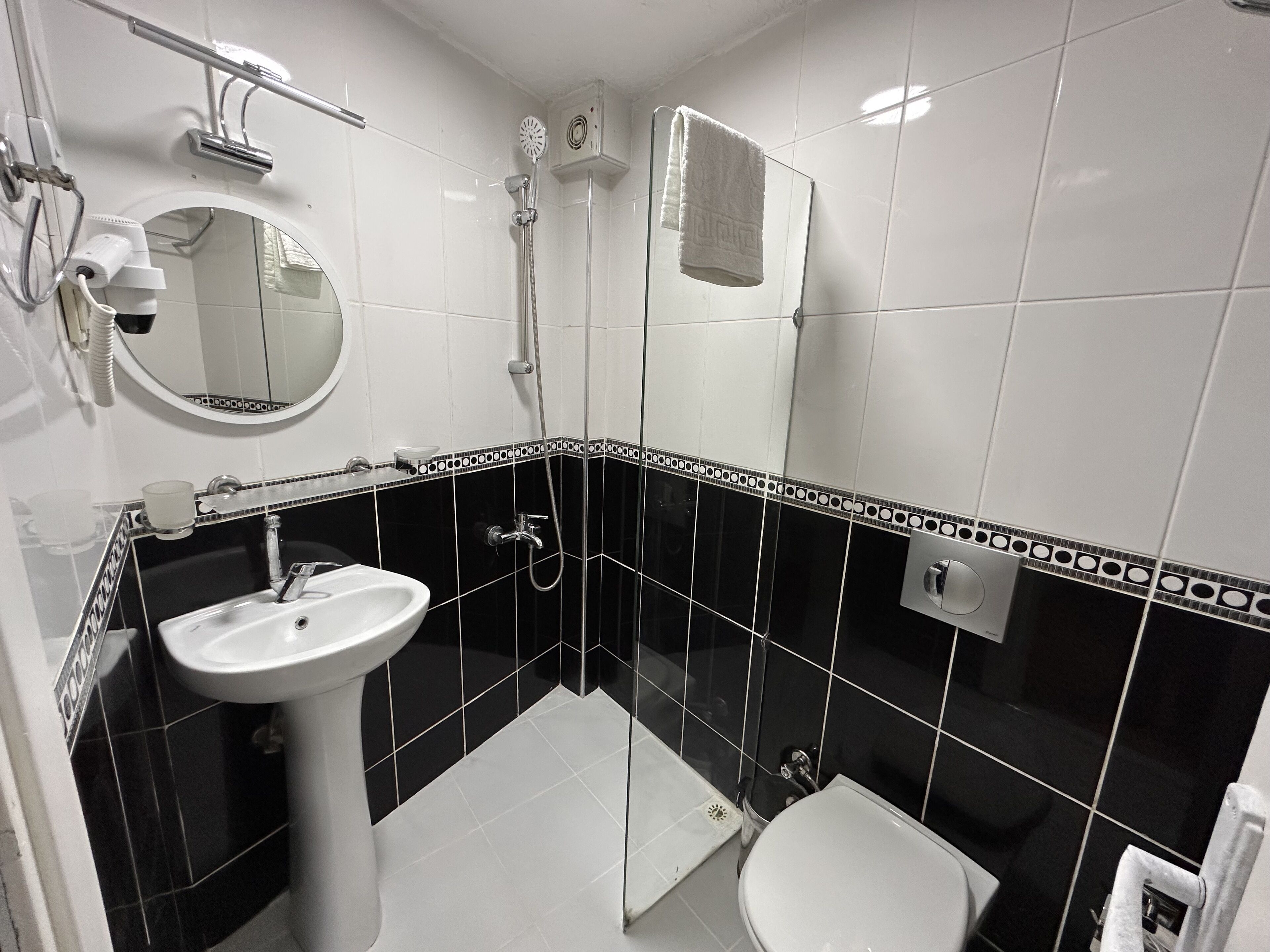 A bathroom with a white sink, a toilet, and a shower.
