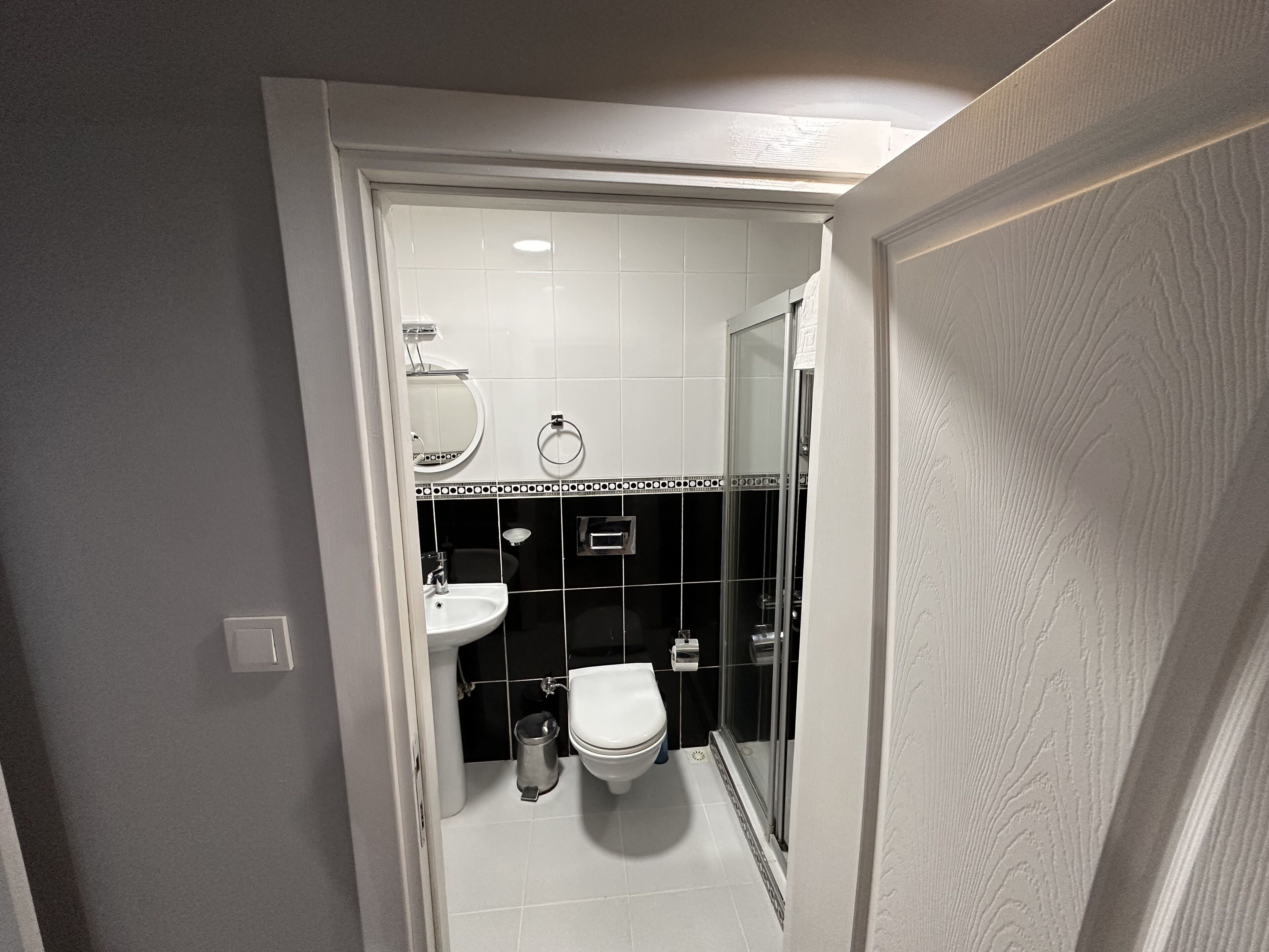 A compact bathroom with a white toilet, a sink, and a glass shower enclosure.