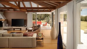 A modern living room with a sofa, TV, and a coffee table with drinks. There's a large window and a view of the outdoors. - Villa Famoso with Pool (Rovinj)