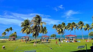 Uma praia com palmeiras, céu azul límpido e algumas pessoas.