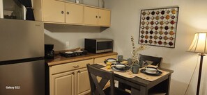 Fridge, microwave, coffee/tea maker, toaster