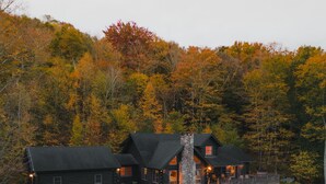 Une cabane avec une cheminée en pierre, une terrasse et une vue sur une zone boisée.
