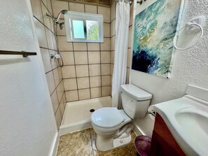 Hair dryer, towels, soap, shampoo