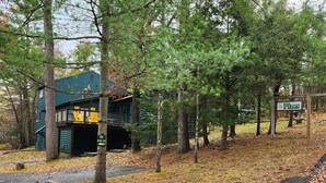 Un edificio de estilo cabaña con fachada verde y un letrero que dice "The Pines".