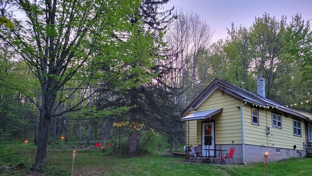 A yellow house with a porch and a chimney, surrounded by trees and a grassy yard. - Cabin on 25 Acres of Forest (Bessemer)
