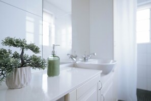 A bathroom with a white sink, a mirror, and a potted plant on the counter.
