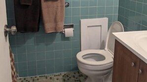 Une petite salle de bain comprenant des toilettes, un porte-serviettes avec deux serviettes et un rouleau de papier toilette.