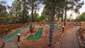 Un campo de mini golf con varios hoyos, rodeado de árboles y una valla de madera.