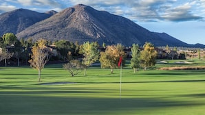 Campo de golf con un mástil de bandera, árboles y casas al fondo.