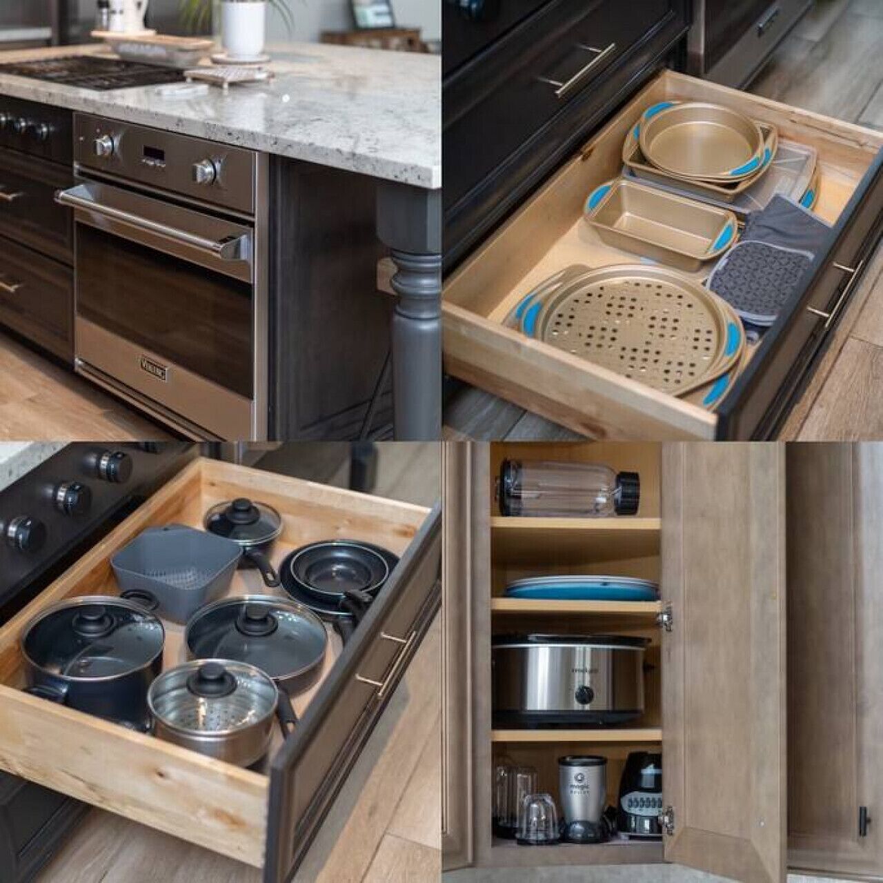 Una cocina con horno empotrado, estufa y un cajón con ollas y sartenes.