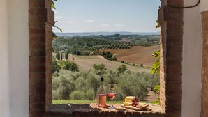 A rustic room with a brick arch window overlooking a vineyard. - Villa Montelisi, With The most Unique View On Siena (6km) (Siena)