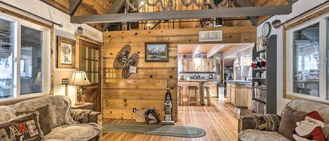 TV, fireplace, books, stereo