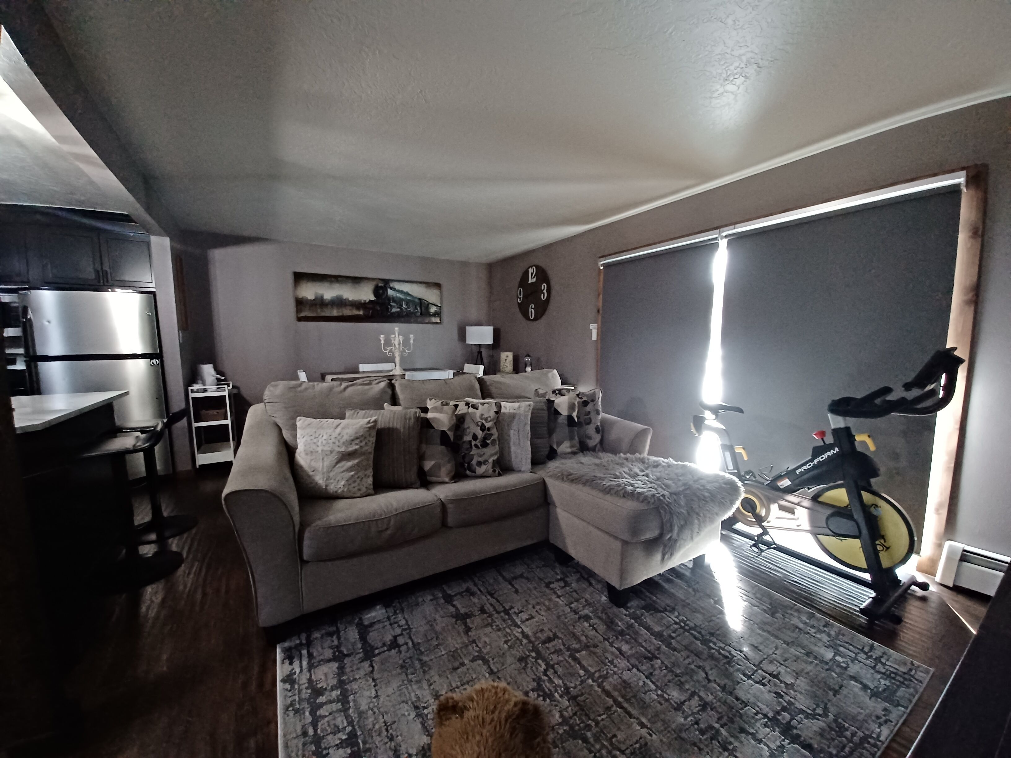 A living room with a grey sofa, a patterned rug, a dining table, a kitchen area, and a bike.