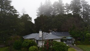 A house with a covered patio, surrounded by dense trees and a garden.