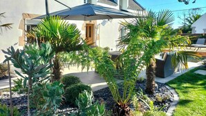 A house with a sloped roof, a covered patio area with palm plants, and a swimming pool.