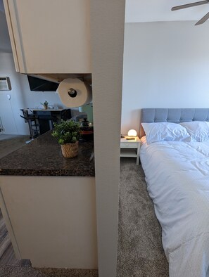 1 bedroom, desk, blackout curtains, iron/ironing board