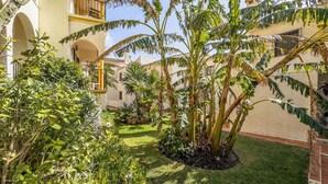 A courtyard with a central palm tree surrounded by various plants and a building with balconies. - Beautiful apartment in Mijas with swimming pool (Mijas)
