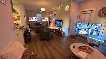 Smart TV, music library, stereo, computer monitors
