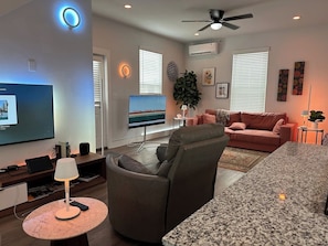 Smart TV, music library, stereo, computer monitors