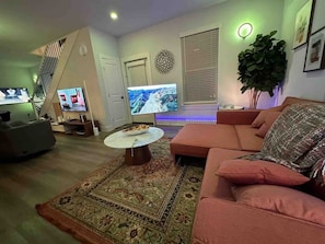 Smart TV, music library, stereo, computer monitors