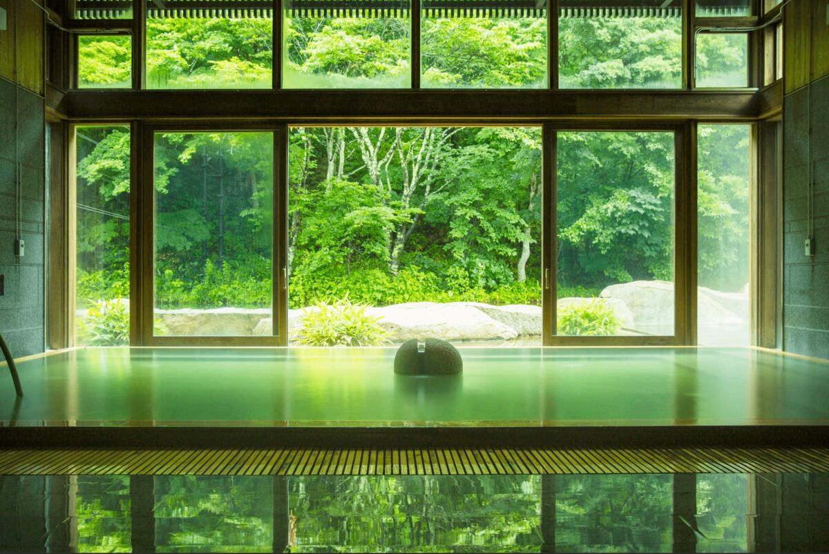 Una habitación con ventanas amplias que dan a una zona boscosa.