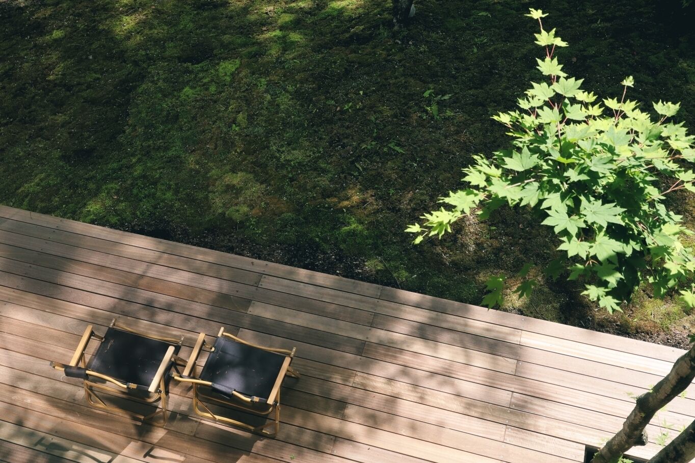 Una terraza de madera con dos sillas y una mesa, rodeada de vegetación boscosa.