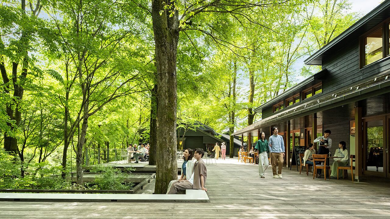 A wooden deck with people sitting and walking, surrounded by trees.