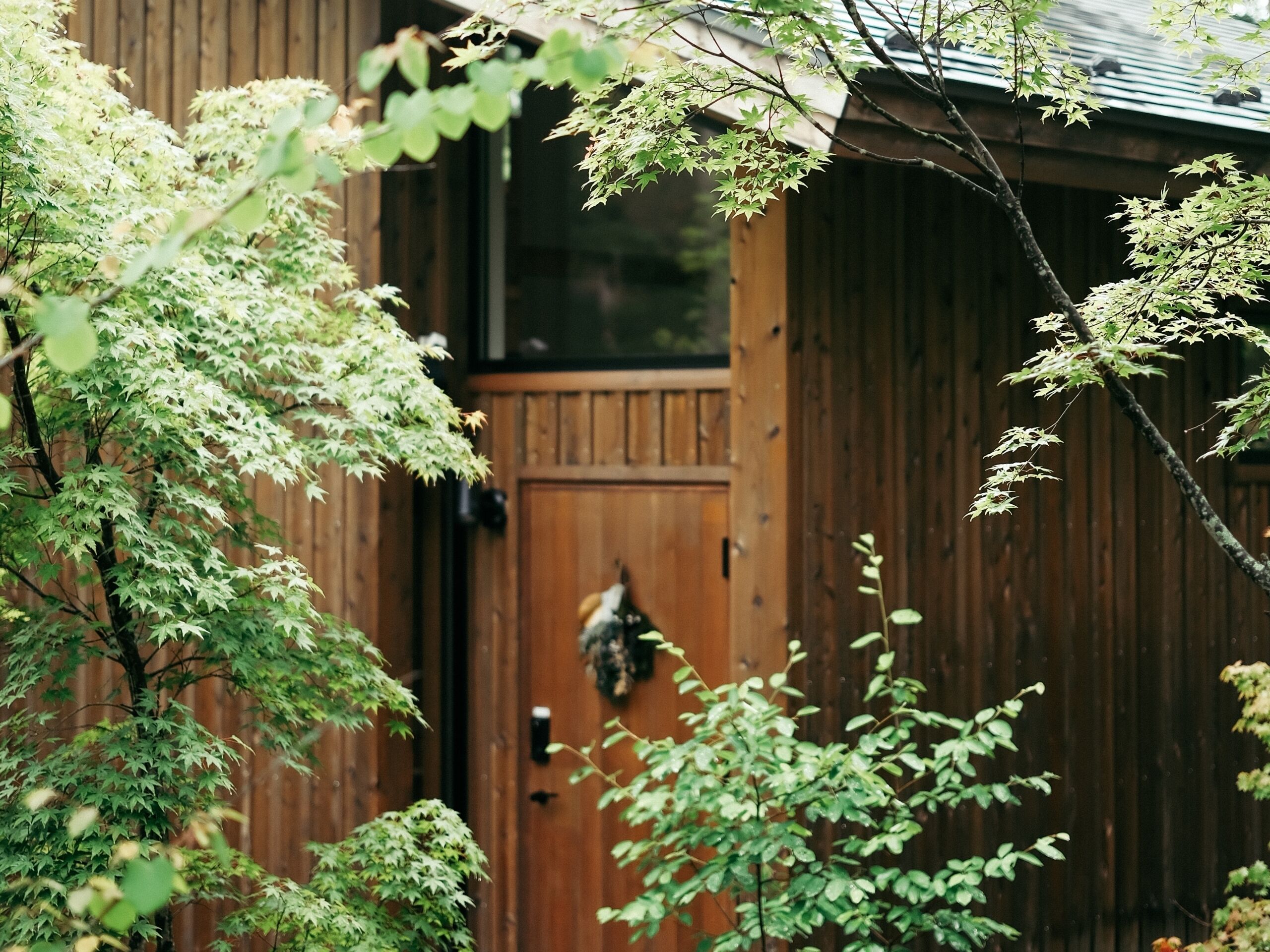 A wooden cabin with a door, surrounded by trees.