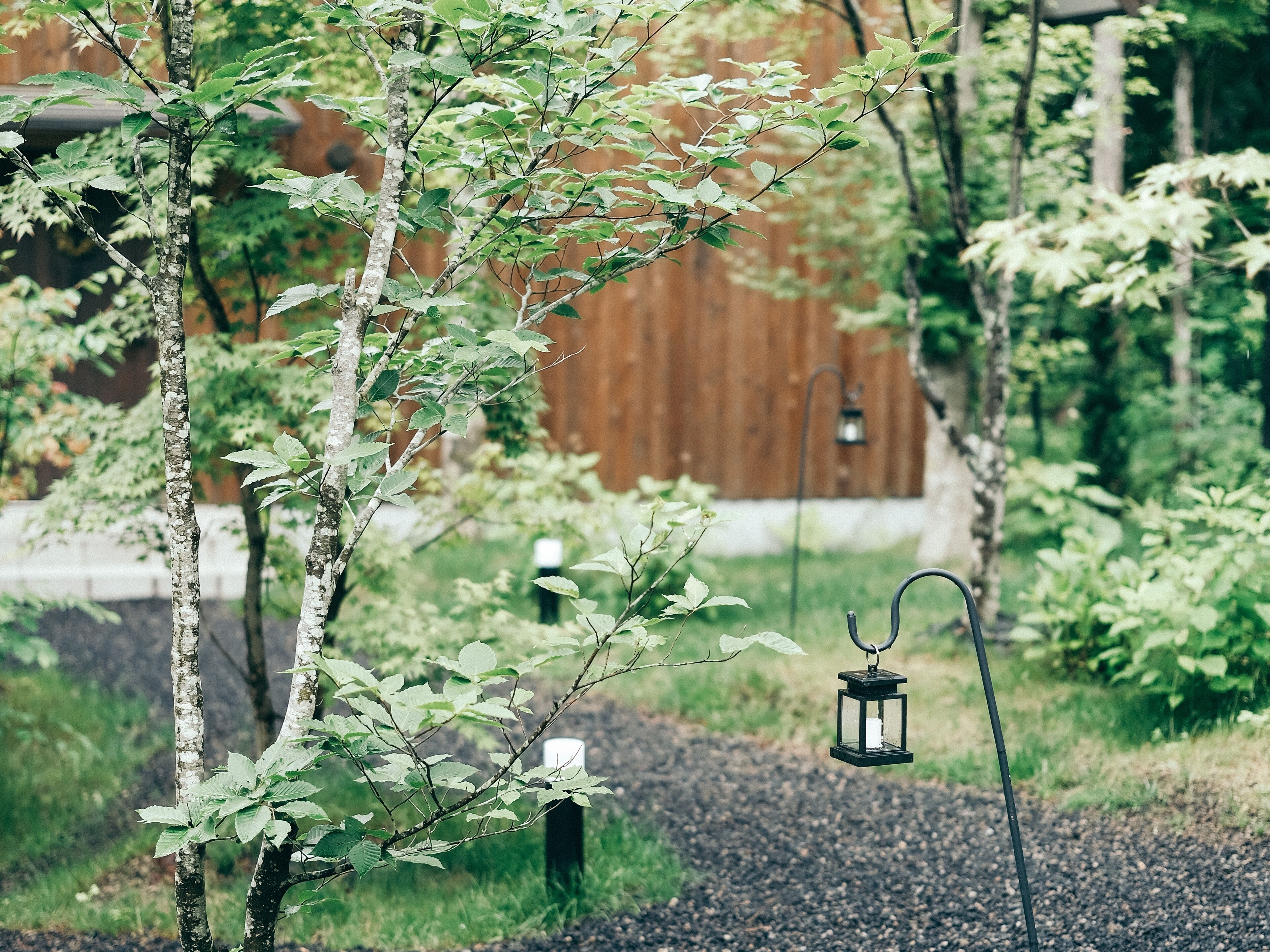A garden with a wooden fence, a gravel path, and a hanging lantern.