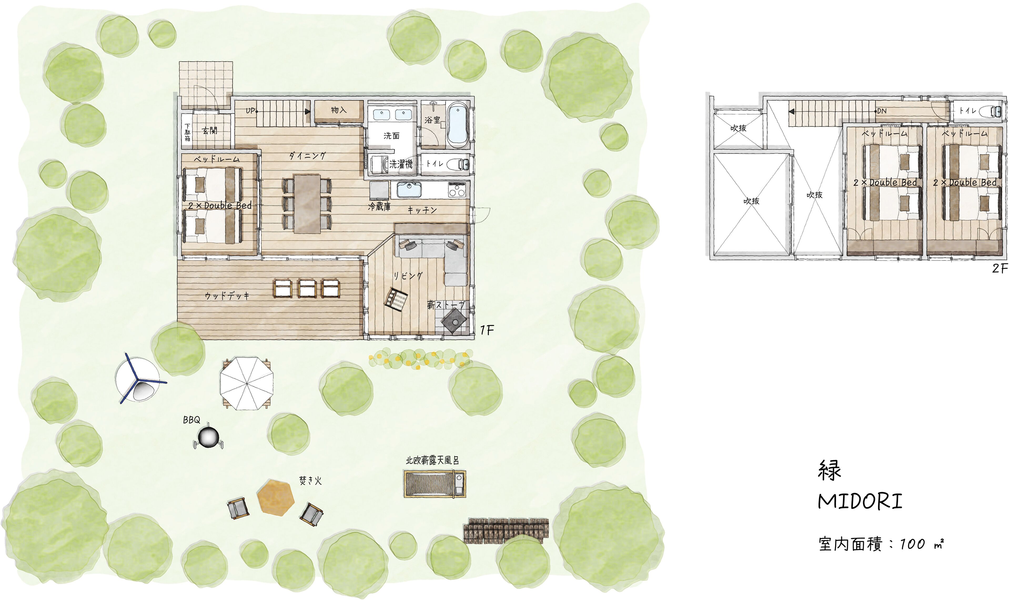 A floor plan of a midori hotel with a 100 m² room area, including a bathroom, a dining area, and a living room.