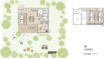 A floor plan of a midori hotel with a 100 m² room area, including a bathroom, a dining area, and a living room.