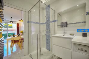 Douche, sèche-cheveux, serviettes fournies, papier toilette