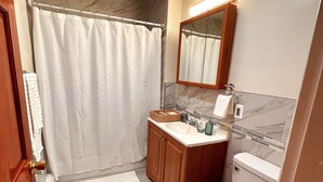 A bathroom with a shower curtain, wooden vanity, sink, mirror, toilet, and a white towel on the floor. - Hidden Gem right in the city of Boston! (Boston)