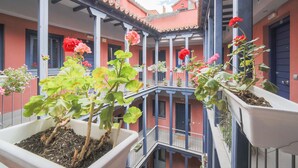 Un patio de varios niveles con macetas de plantas y flores, balcones con barandillas y una puerta azul.