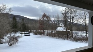 Blick aus einem Fenster auf eine verschneite Landschaft mit Bäumen und einem Gebäude.