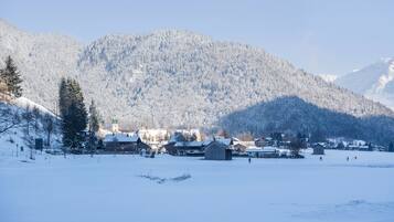 A snow-covered village with buildings and a mountain in the background.