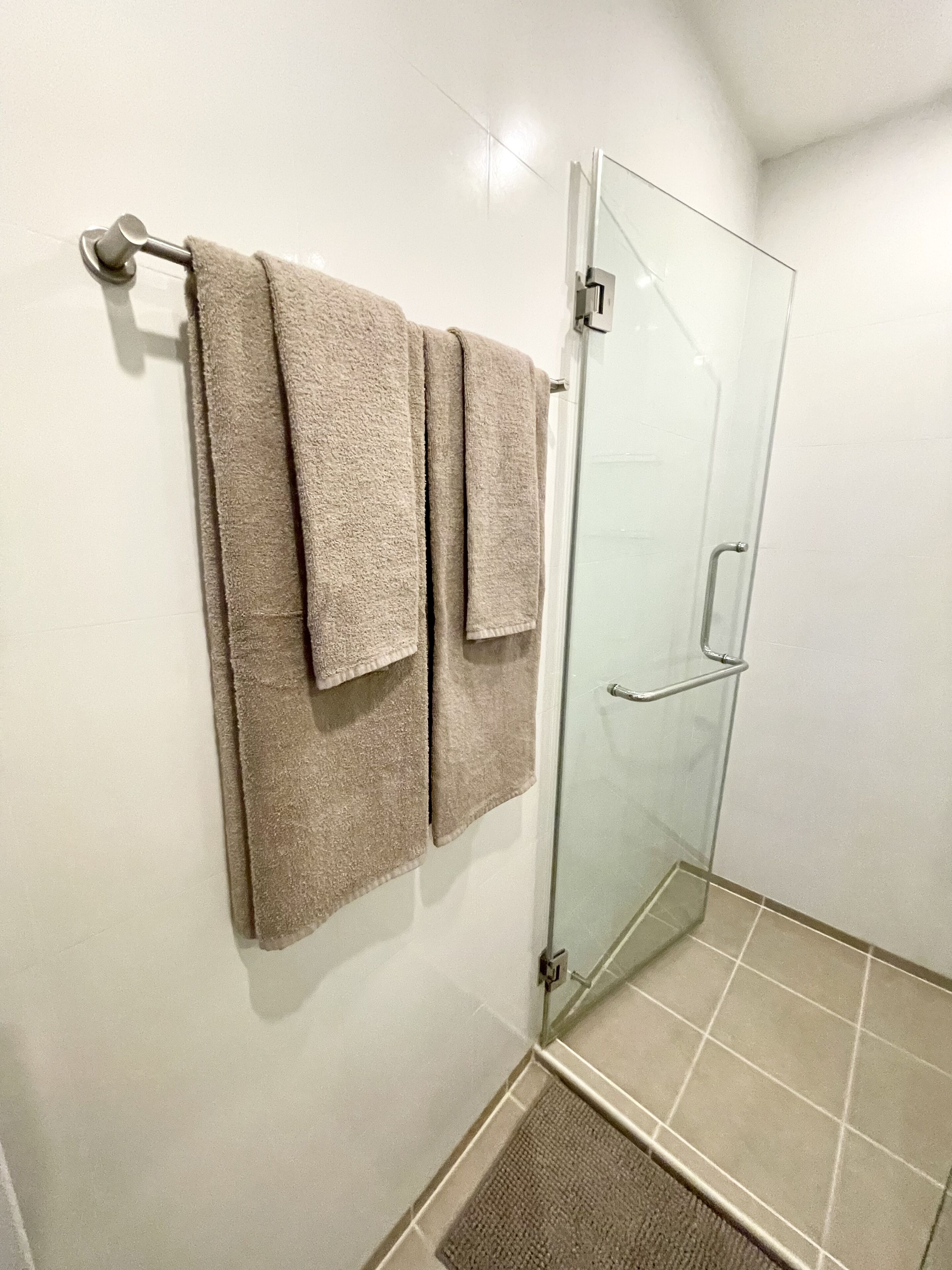A bathroom with a glass shower door, a towel rack with two towels, and a small rug on the floor.