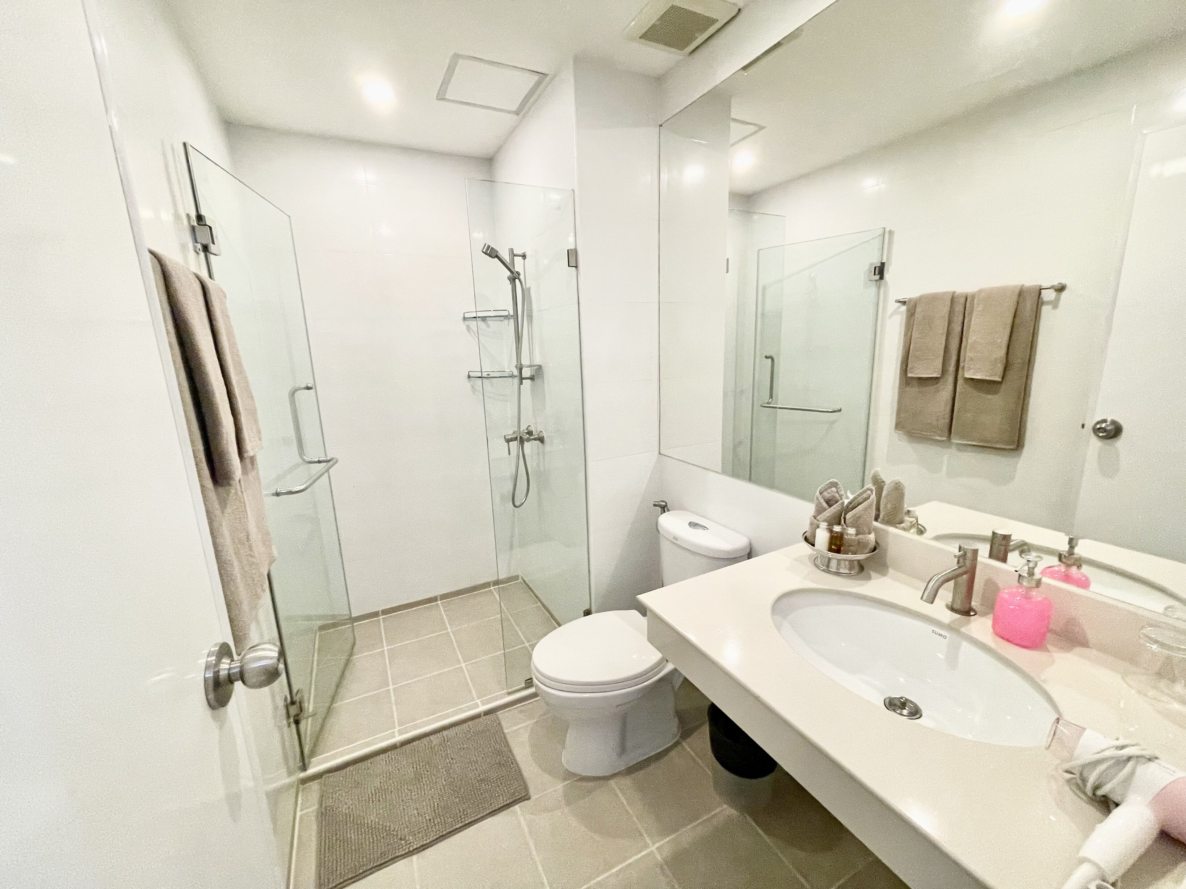 Hair dryer, towels, soap, shampoo