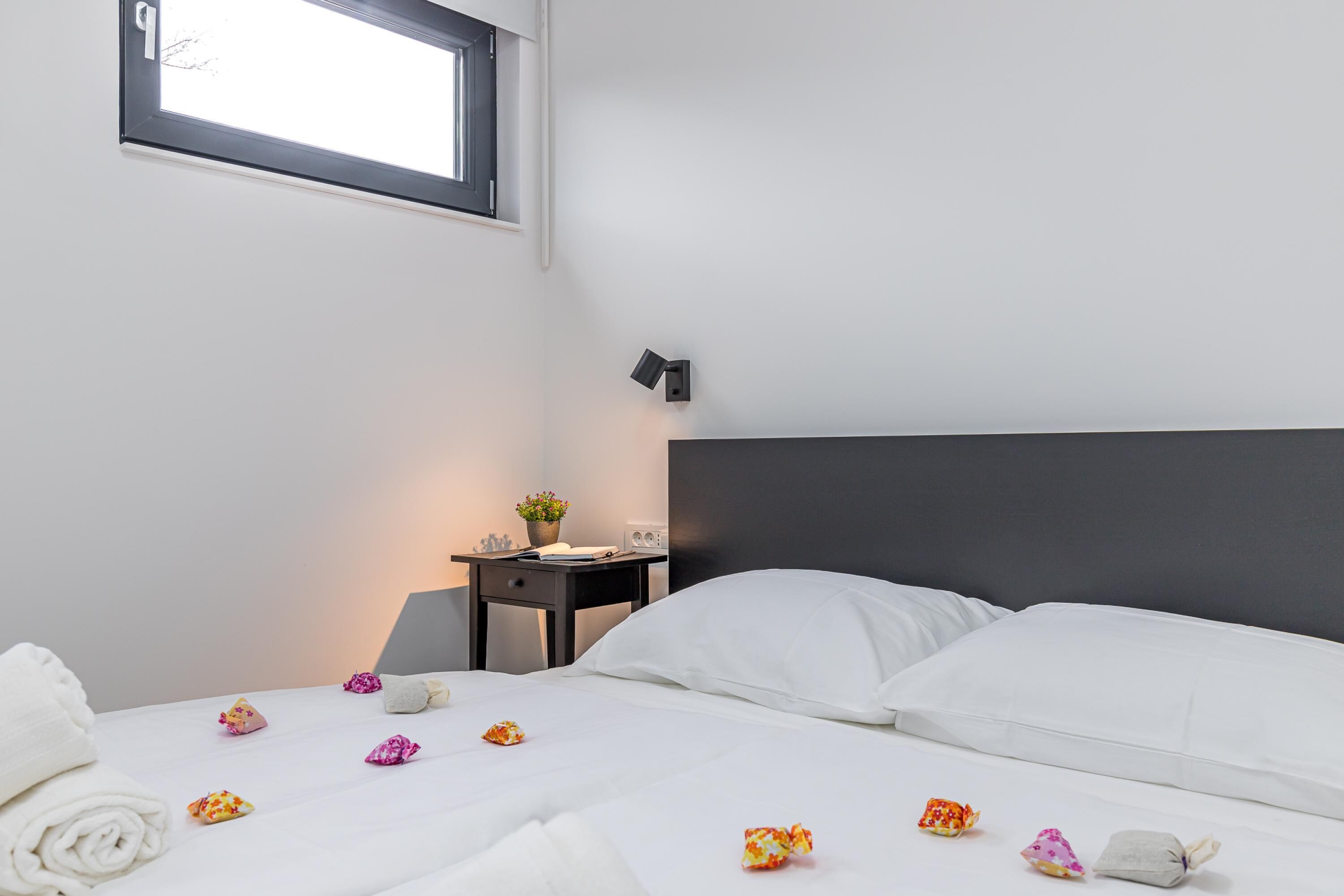A hotel room with a bed, pillows, a bedside table with a lamp, a window, and a small potted plant.